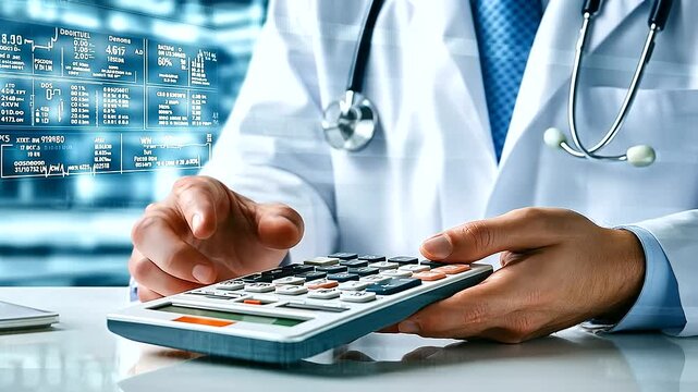 A detailed view of a doctor&rsquo;s hand holding a service fee calculator, with health insurance plans and drug prices displayed on a digital monitor in the background.