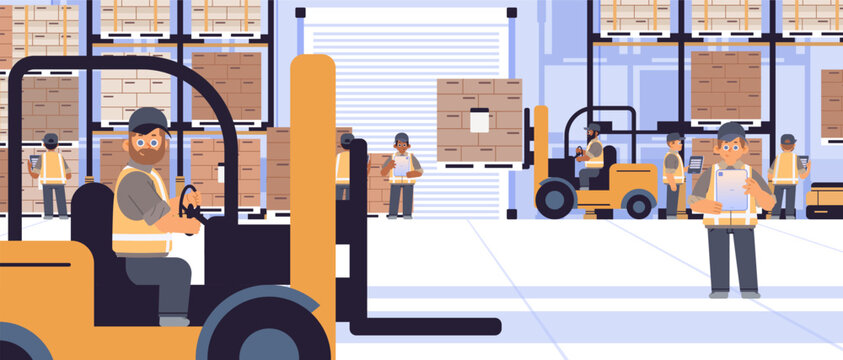 Warehouse storage interior with workers and forklift operators. Simple flat storehouse concept illustration
