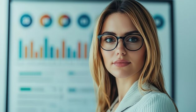 Businesswoman analyzing progress charts, goal-oriented mindset and intense focus