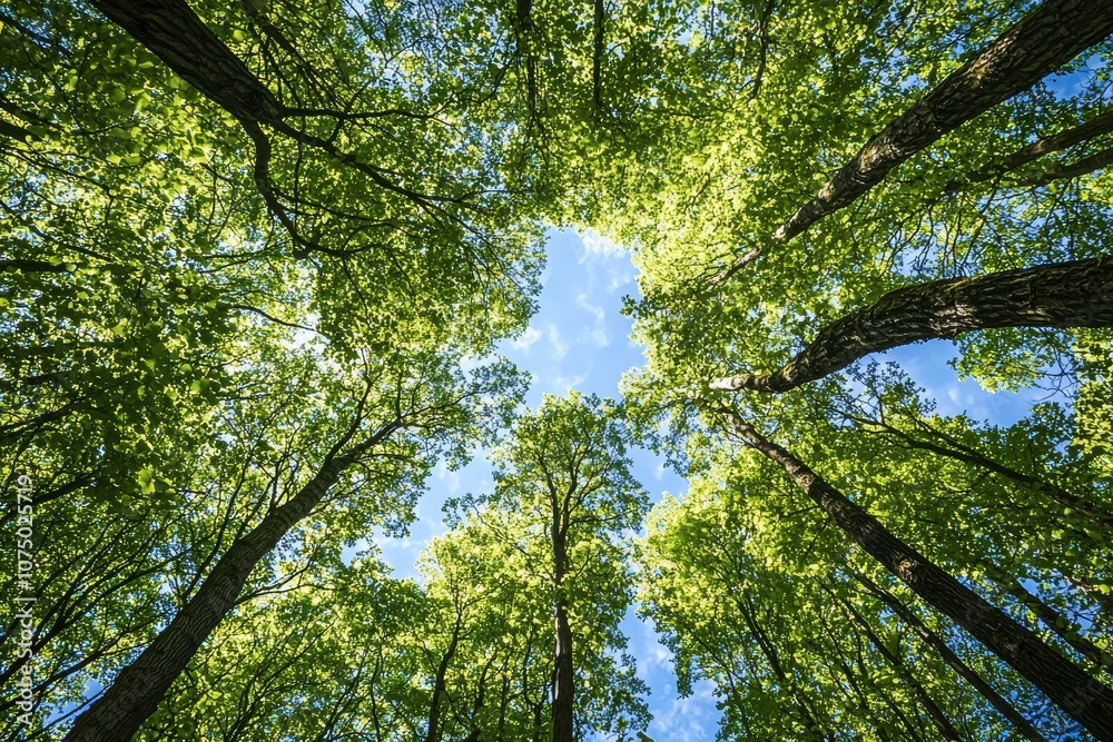Poster sunlight filtering through green canopy of tall trees
