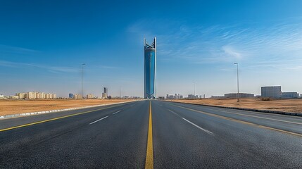 Kingdom Tower in Riyadh with Clear Blue Sky and Empty Road. AI generated illustration