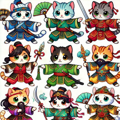 Fototapeta premium Warrior Cats in Traditional Asian Armor