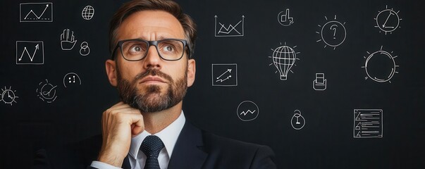 Executive deep in thought with problem-solving icons around, strategic business mindset