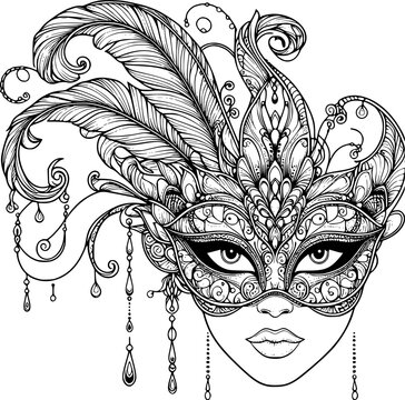 recommend clip art: carnival mask on black, masquerade mask on black, Vector Illustration. Golden carnival mask with feathers, hand drawn style of masquerade.