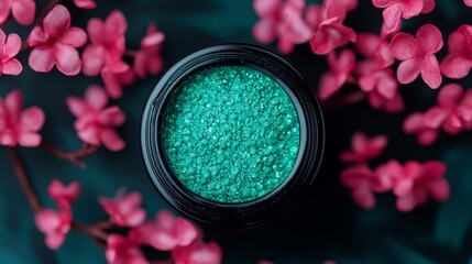 A vibrant container of green shimmer sits among delicate pink flowers, creating a striking contrast and an aesthetic appeal.