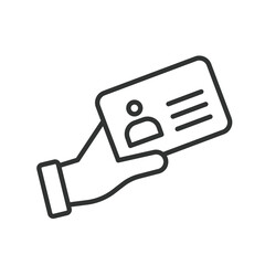 Hand with ID card, icon in line design. Hand, ID, card, identification, document, access, security on white background vector. Hand with ID card editable stroke icon