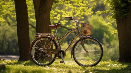 Fototapeta premium A photo of a tandem bicycle parked in a park.