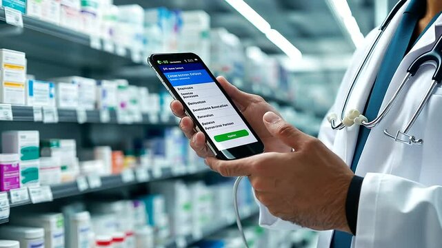 A service fee calculator app displayed on a doctor&rsquo;s phone, with the background showing a pharmacy full of medicines, illustrating cost reduction in drug purchasing.