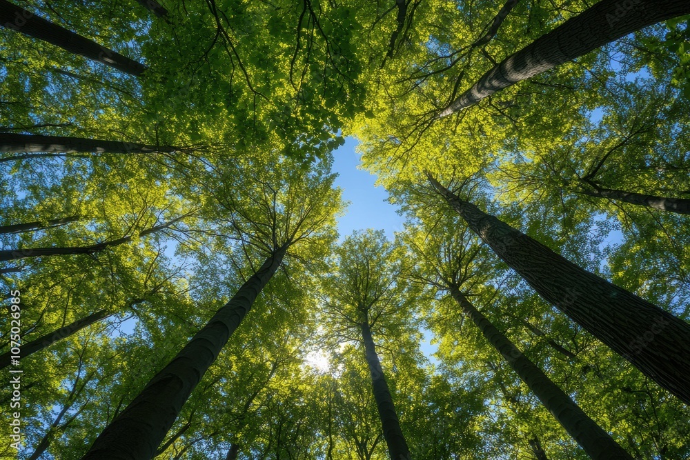 Poster Sunlight filtering through green canopy of tall trees in forest