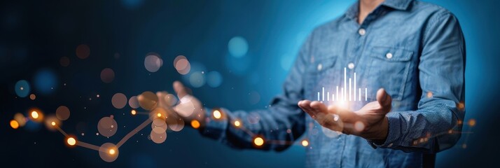 Person Holding Digital Growth Chart with Bokeh Lights, Symbolizing Data Analytics and Success