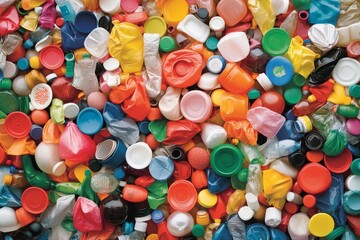 A vibrant collection of discarded plastic waste scattered across a surface, highlighting the challenges of pollution and recycling efforts