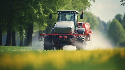 Fototapeta premium A photo of a tractor pulling a large fertilizer