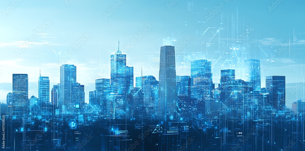 Poster a futuristic cityscape with digital networks connecting skyscrapers.