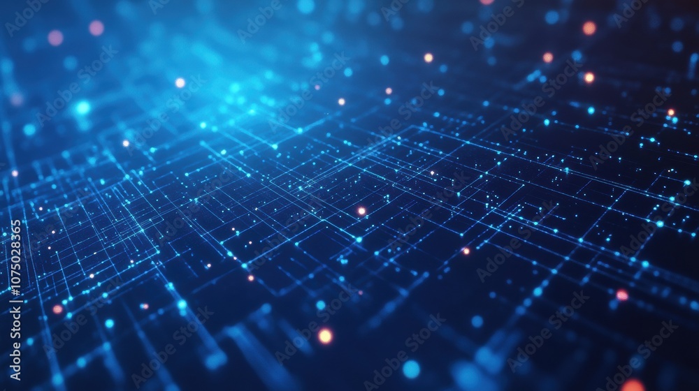 Poster Futuristic blue technology background with glowing grid and data flow