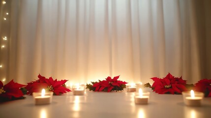 A serene arrangement of candles and poinsettias, creating a festive atmosphere.