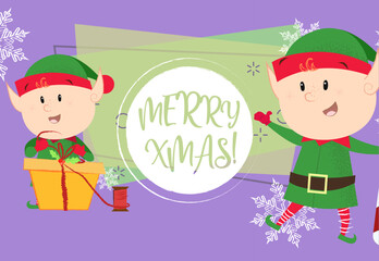 Merry Xmas lettering in circle with smiling elfs. Christmas greeting card. Typed text, calligraphy. For leaflets, brochures, invitations, posters or banners.