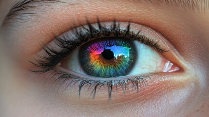 Obraz premium Stunning woman in a kadrze, flanked by a stark black silhouette. Her hair is tangled with colors, giving her a dramatic, striking look.