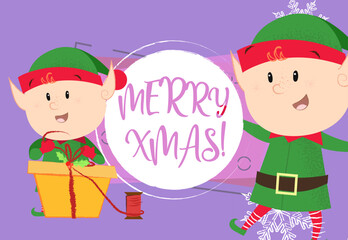 Merry Xmas lettering in circle with smiling elfs. Christmas greeting card. Typed text, calligraphy. For leaflets, brochures, invitations, posters or banners.