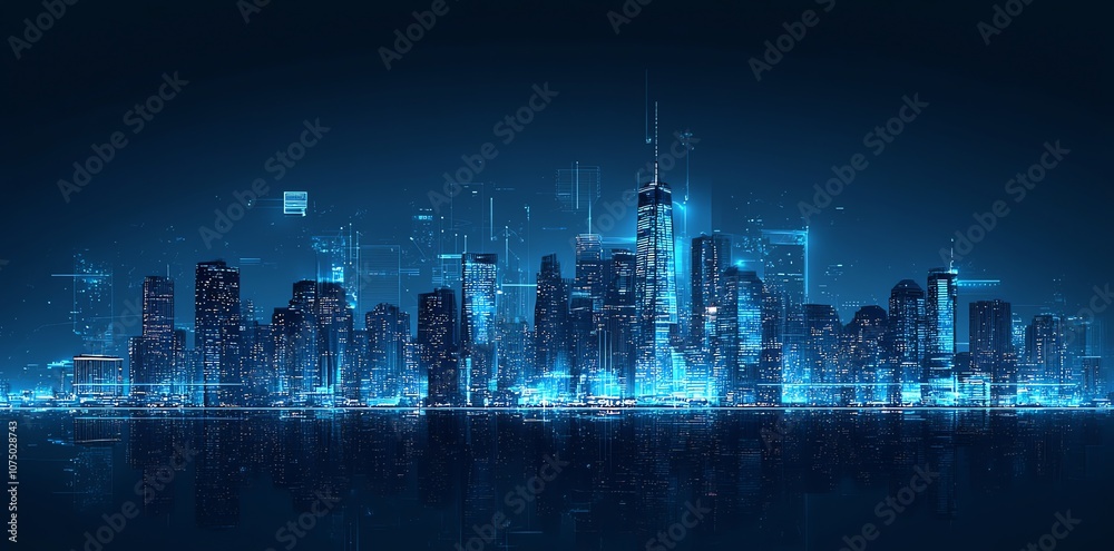 Poster a futuristic city skyline with digital lines and glow emanating from buildings and skyscrapers, refl