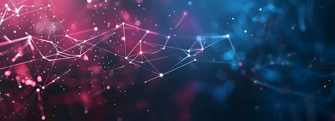 Fototapeta premium Abstract digital background with glowing lines and dots forming interconnected geometric shapes in blue, pink, and purple on a dark black background