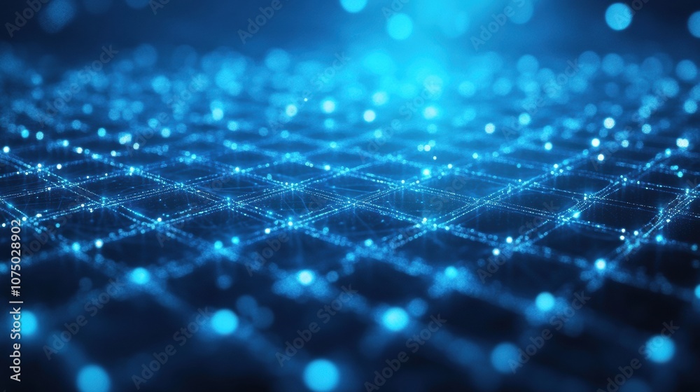 Poster Abstract blue technology background with glowing grid and bokeh effect