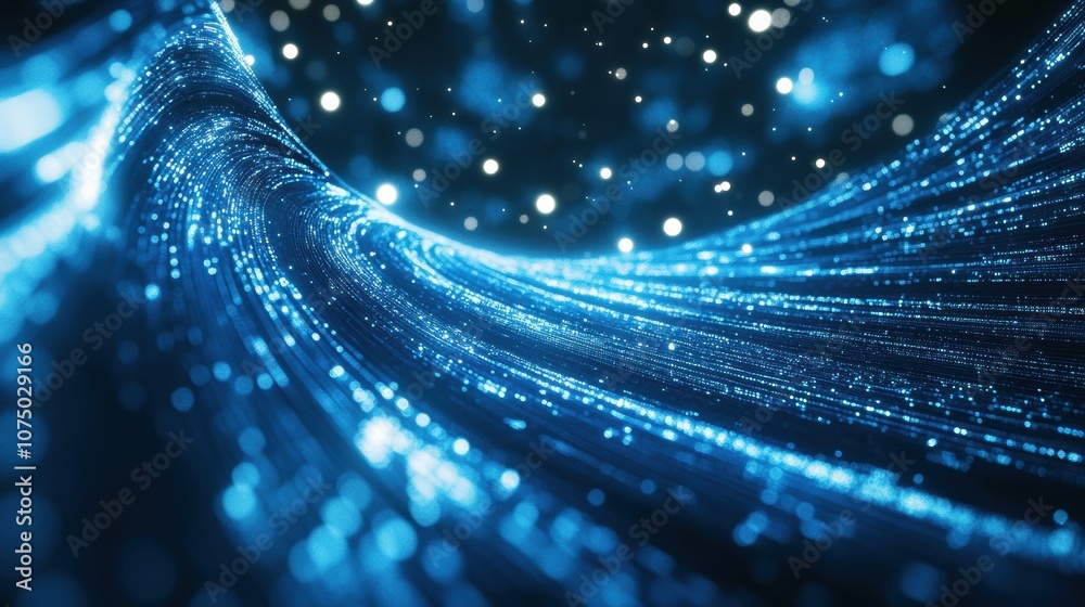 Poster Abstract blue glowing lines and light particles flowing on dark background