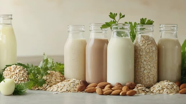 A row of five milk bottles with different types of milk