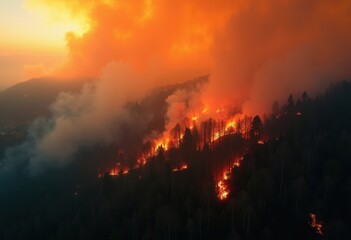 Flames engulf trees as a wildfire rages, casting an orange glow over the landscape at dusk.