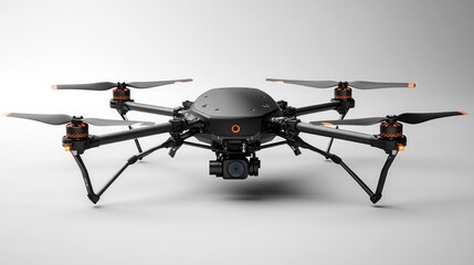 Aerial drone quadcopter with digital camera. Flying aerial remote controlled drone.