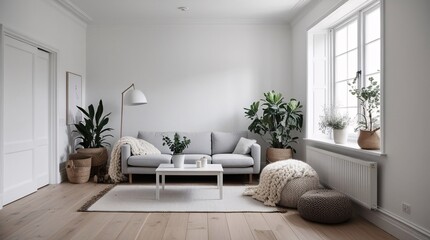 The living room features a light gray sofa surrounded by various indoor plants, a coffee table, and a soft rug, creating a tranquil atmosphere with ample natural light streaming in