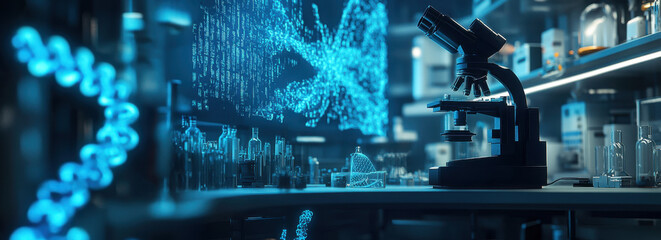 A macro view of DNA strands and microscopes in an advanced laboratory setting, with blue glowing holographic elements representing the future of medical science and artificial intelligence technology