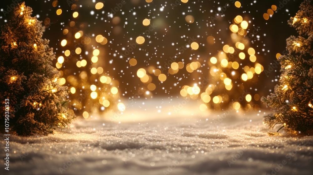 Poster winter background with snow and bokeh lights. 3d rendering - generated ai