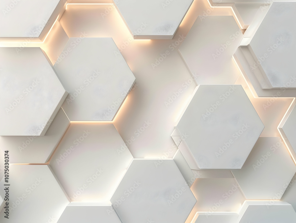 Poster 3d render, abstract white background with a hexagonal pattern for a technology