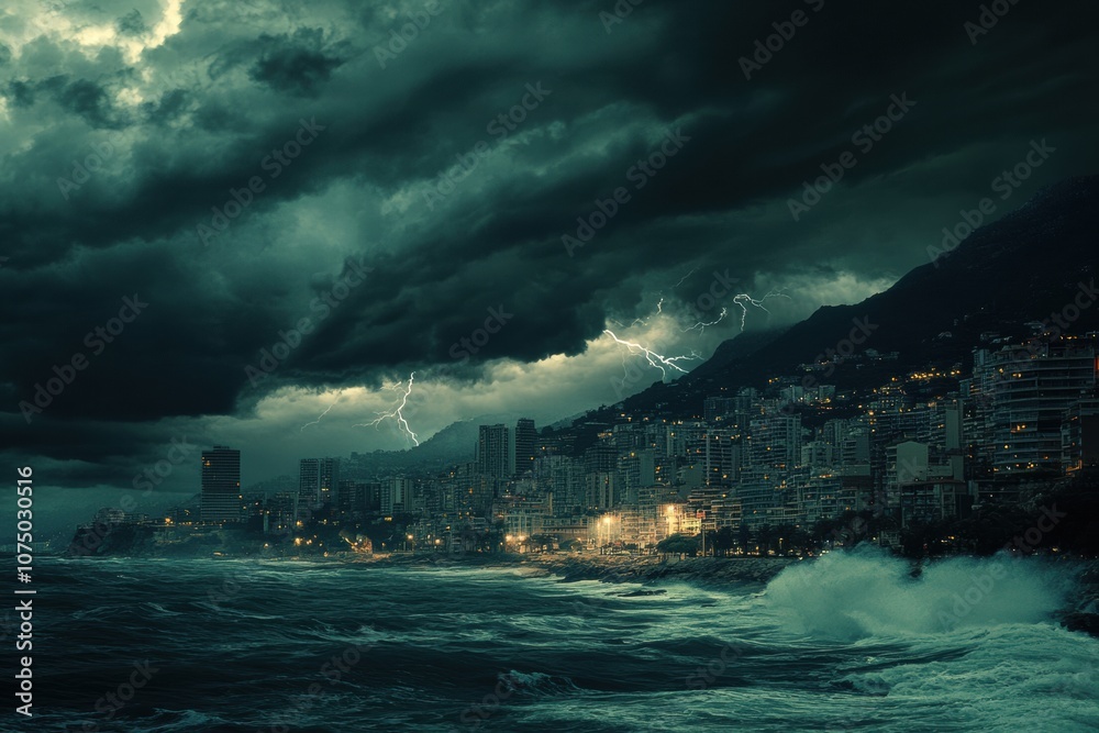 Poster lightning flashes as dark storm clouds loom over the coastal city, creating a stunning yet ominous a