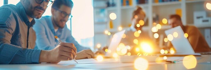 Business team collaborating on project with creative light overlay effect in modern office setting