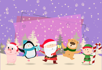 Happy Holidays winter postcard with cartoon elf. Poster with cartoon character of Christmas elf near fir-tree on abstract background. Can be used for programs, postcards, invitations