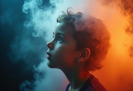 A young boy with curly hair looks up in fascination, surrounded by vibrant smoke. The contrasting colors create an enchanting atmosphere, highlighting his expression as he explores this captivating en