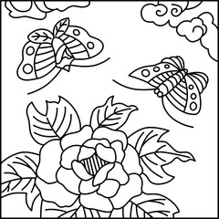 線画正方形花札　水無月　牡丹　蝶　6月　牡丹に蝶