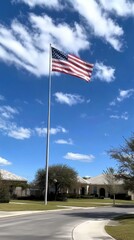 Fototapeta premium American flag waves in the wind on a sunny day with a clear blue sky in the background.