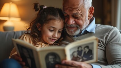 A grandfather and his granddaughter sit closely on a couch, sharing smiles as they look through an old family album. The warm indoor lighting adds a cozy atmosphere to their special bonding moment.