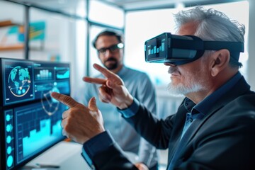 Senior businessman wearing virtual reality headset, analyzing and interacting with digital financial data on a screen, assisted by a colleague in a modern office.