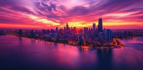 Fototapeta premium Aerial Photograph of Chicago Skyline at Sunset. AI generated illustration