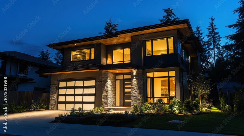 Aufkleber this modern house shines brightly at night, showcasing its architectural beauty and enhanced securit