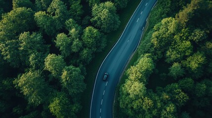 Car driving on winding road through green forest, aerial view