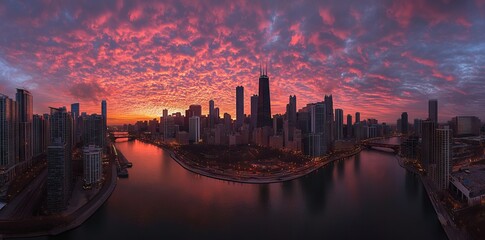 Fototapeta premium Aerial Photograph of Chicago Skyline at Sunset. AI generated illustration