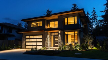 Fototapeta premium This modern house shines brightly at night, showcasing its architectural beauty and enhanced security features with glowing alarm system lights. Generative AI