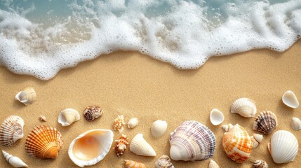 Shells lie on the beach and gentle waves crash onto the sand