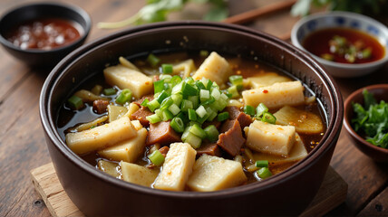 Spicy tofu and meat stew with green onions in bowl
