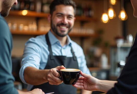 A friendly barista with a smile hands a cup of coffee to a customer at a buzzling caf&eacute;. The warm atmosphere and soft lighting create a welcoming environment for patrons enjoying their drinks.