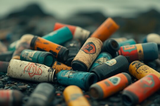Colorful discarded shotgun shells scattered on a rocky shore during a cloudy day - Powered by Adobe